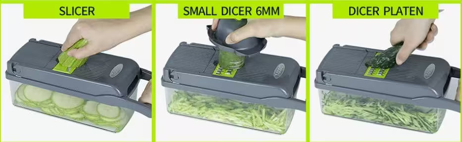 Three stages of using a vegetable chopper with different attachments on a green background.