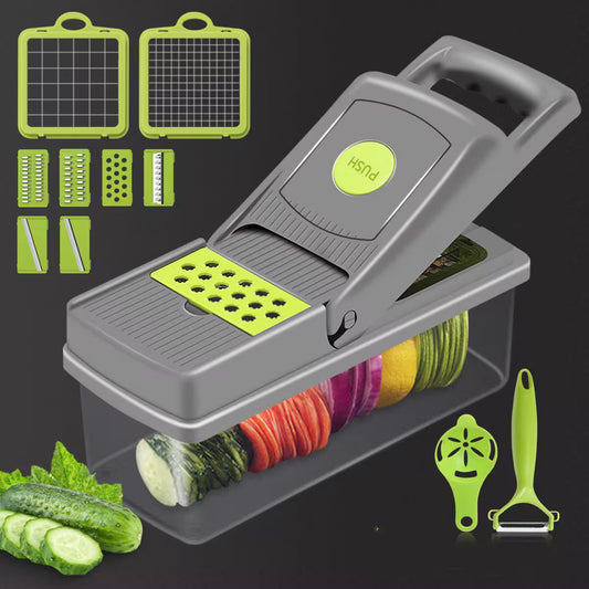 Multifunctional vegetable chopper with various attachments on a black background