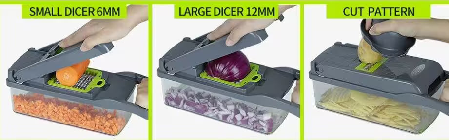Three stages of using a dicer with different sizes and vegetables.