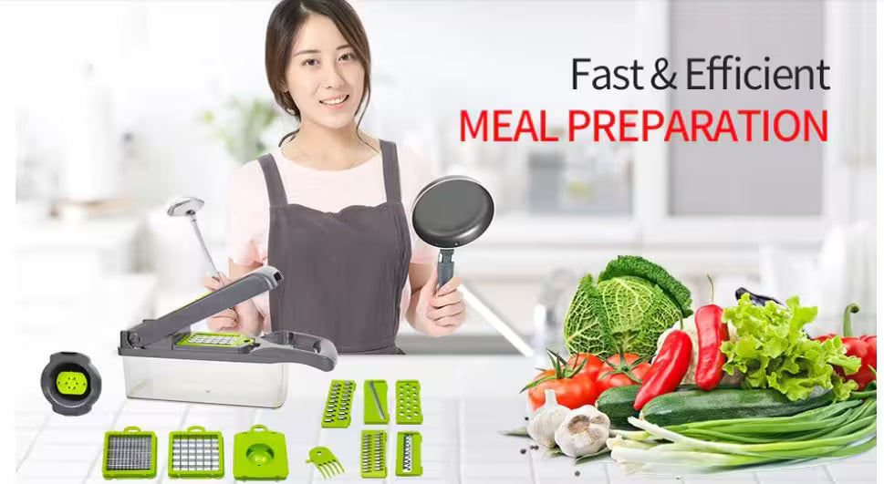 Woman in apron holding kitchen tools with vegetables and text about meal preparation