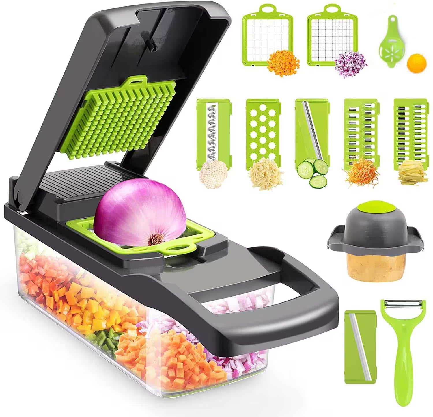 Multifunctional kitchen slicer with various attachments and sliced vegetables on a white background