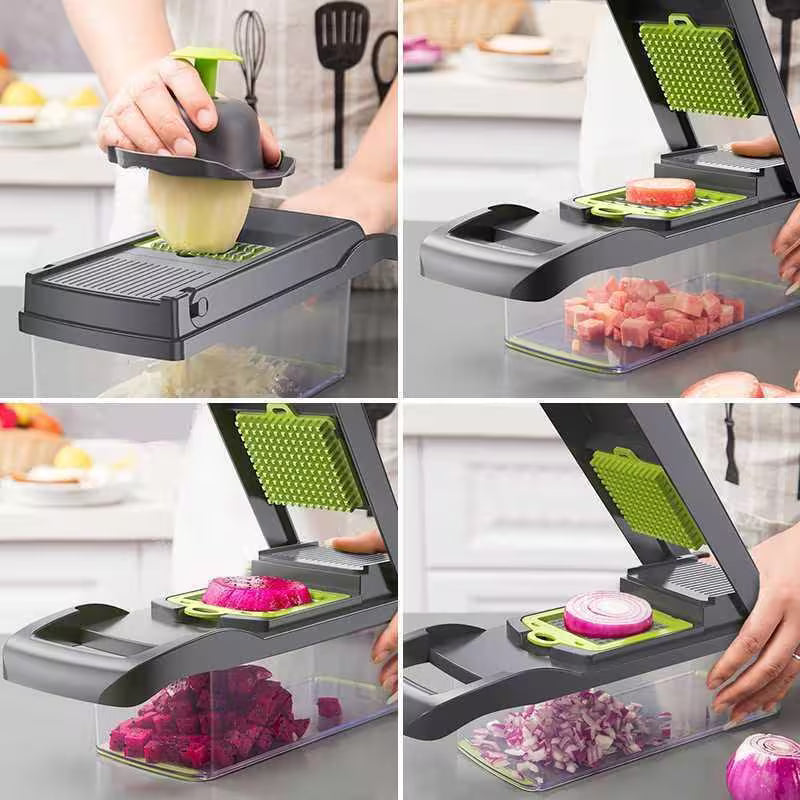 Multifunctional kitchen slicer being used to chop various vegetables on a kitchen counter.