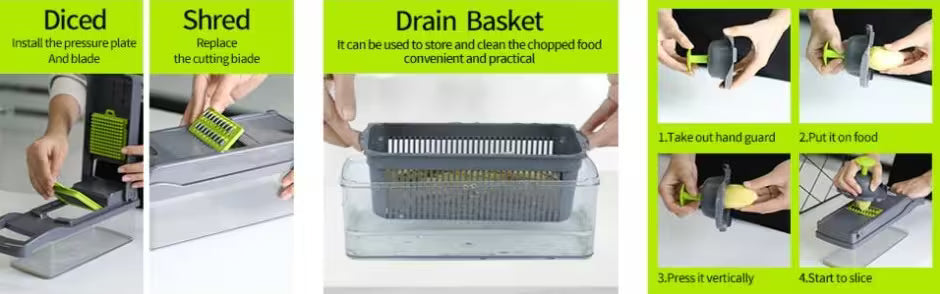 Multistep guide on using a kitchen tool with text labels on a green background