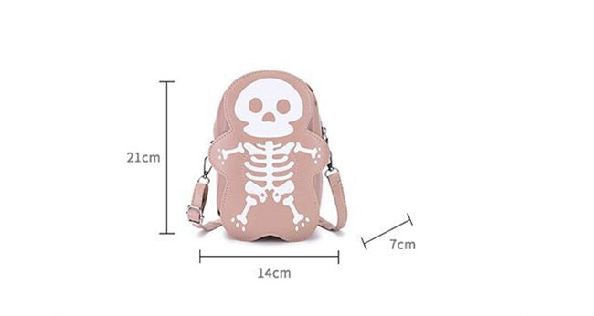 Pink skeleton-themed crossbody bag with measurements on a white background