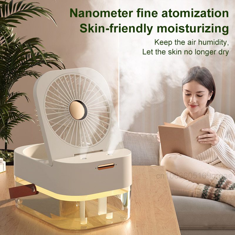 Portable humidifier on a table with a woman reading a book in the background, surrounded by plants.
