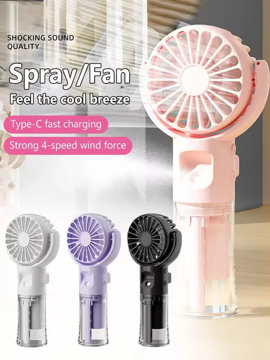 Handheld spray/fan with multiple color options on a blurred background
