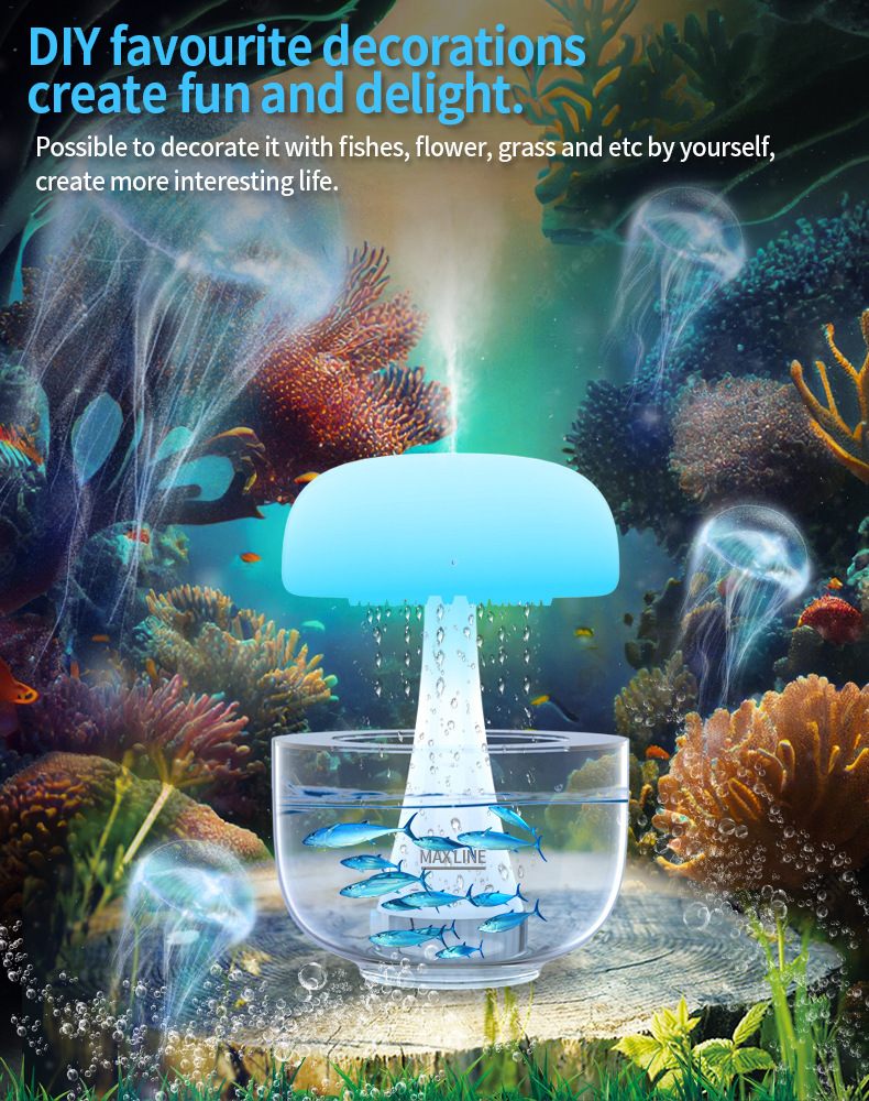 Decorative underwater scene with a glowing blue light, fish, and coral.