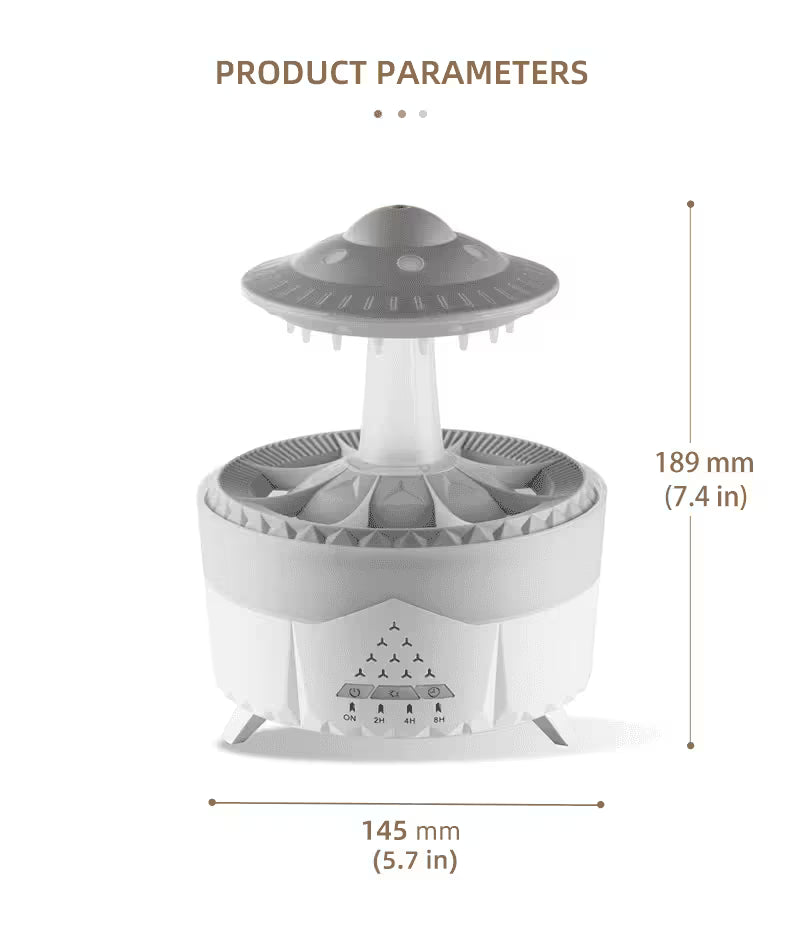Gray UFO-shaped product with dimensions labeled on a white background