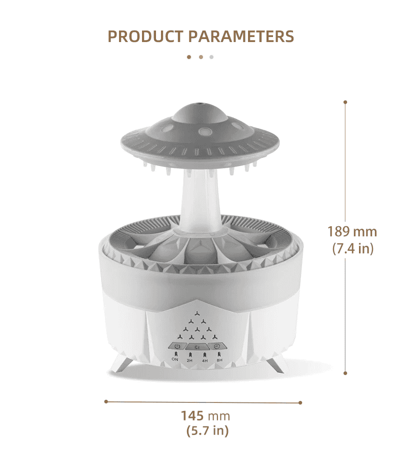 Gray UFO-shaped device with dimensions on a white background