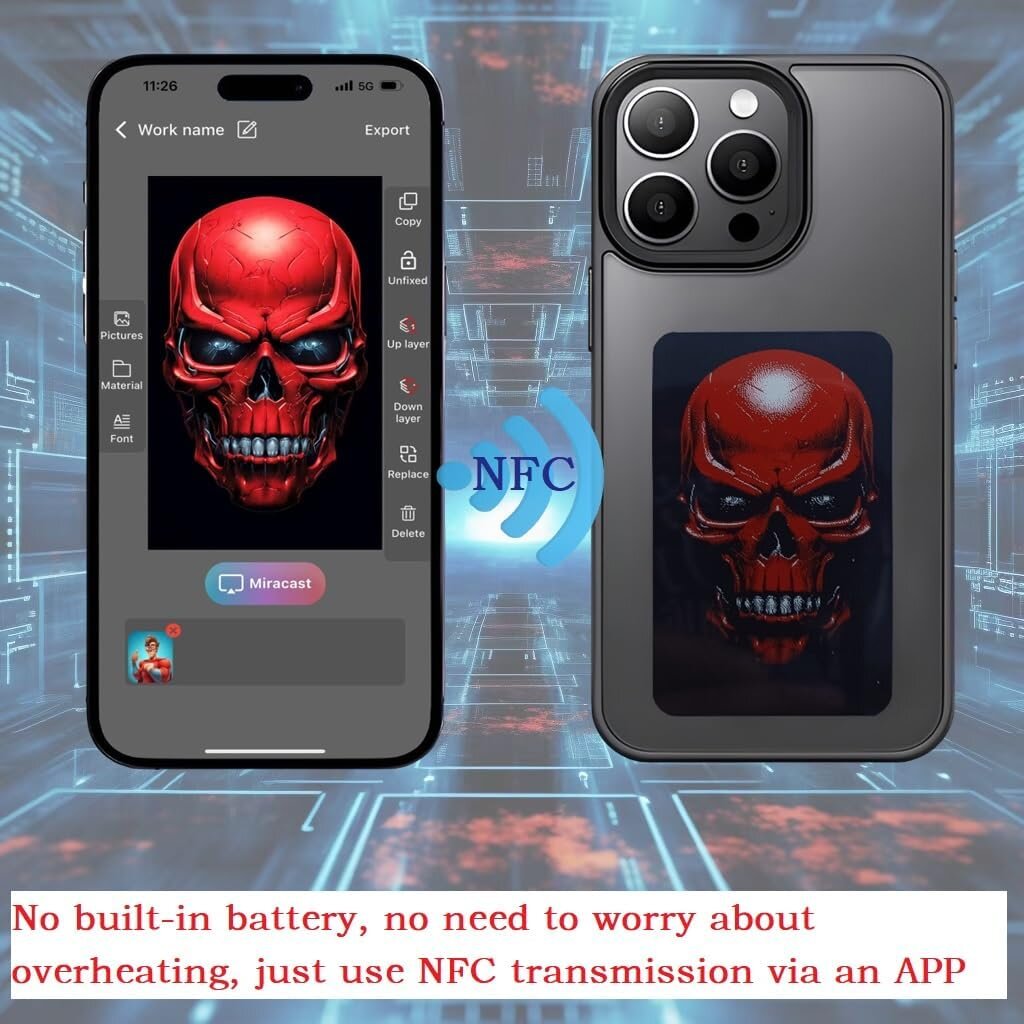New technology application: NFC technology is used to transmit display content to the ink screen of the mobile phone case with low power consumption. After the transmission is completed, no energy is consumed. Even if the mobile phone is turned off or the mobile phone case is removed, the image can be displayed permanently.