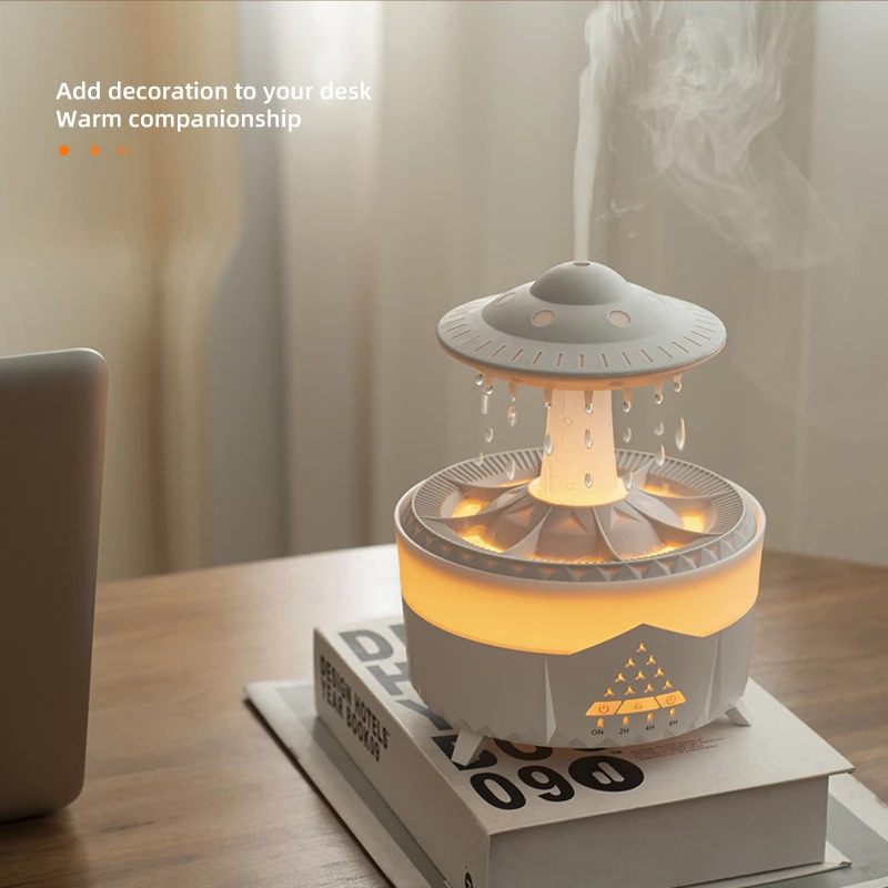 Decorative lamp shaped like an UFO on a table with a warm glow.