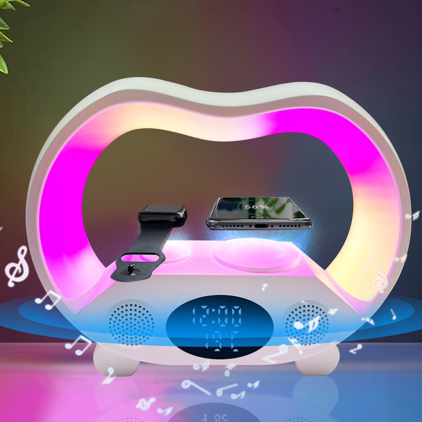 Colorful heart-shaped device with wireless charging pad and smartphone on a dark background