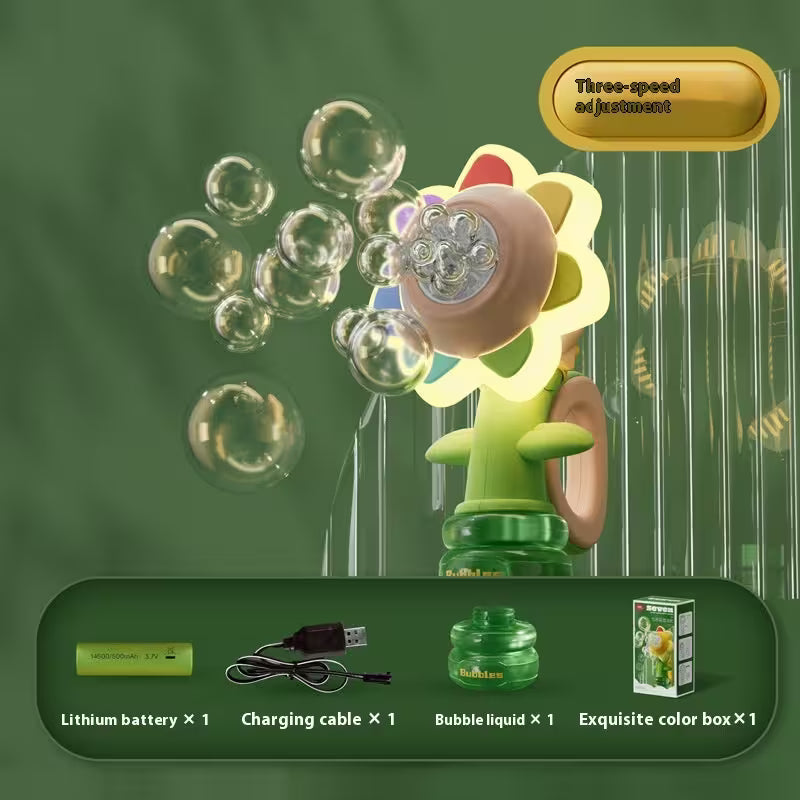 Toy bubble machine with bubbles on a green background, featuring product details.