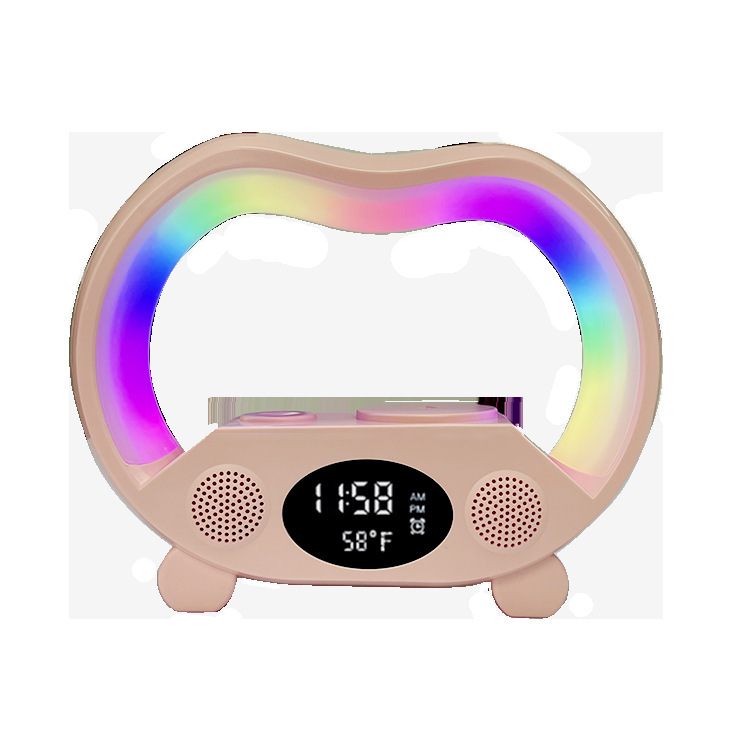 Pink clock with rainbow light display on a white background