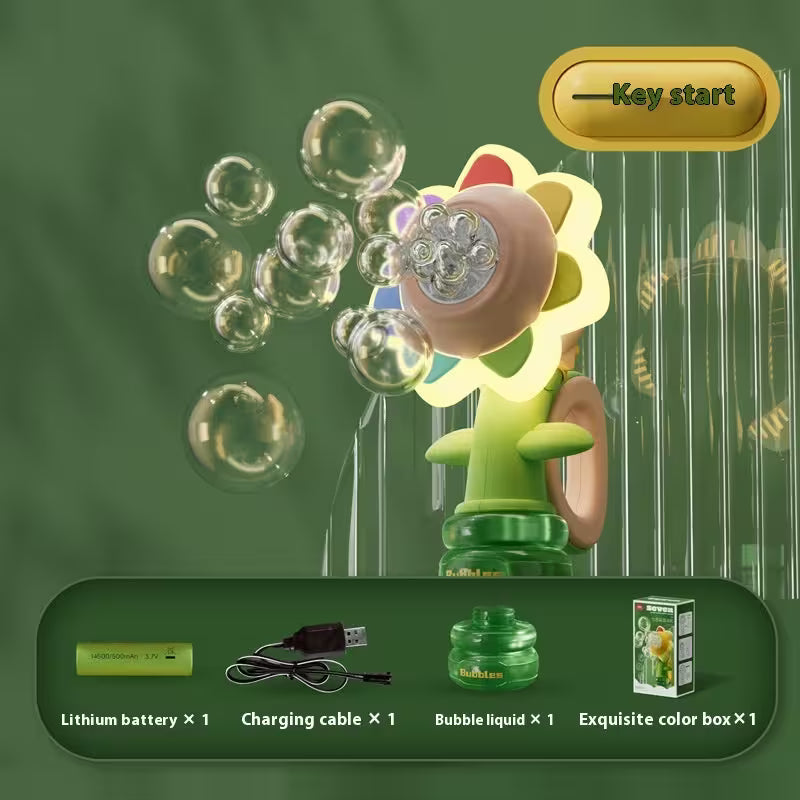 Toy bubble machine with bubbles, key start button, and included items on a green background