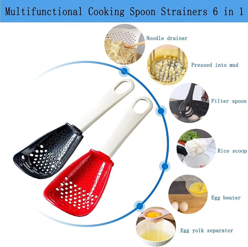 Multifunctional cooking spoon strainers with various uses shown on a white background