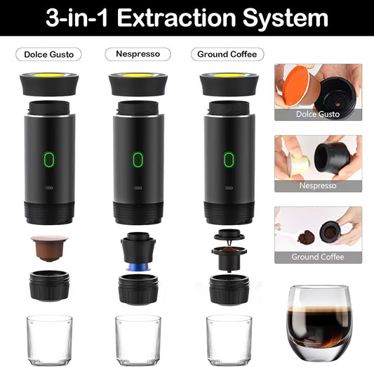 3-in-1 extraction system for Dolce Gusto, Nespresso, and ground coffee with components and a glass of coffee.