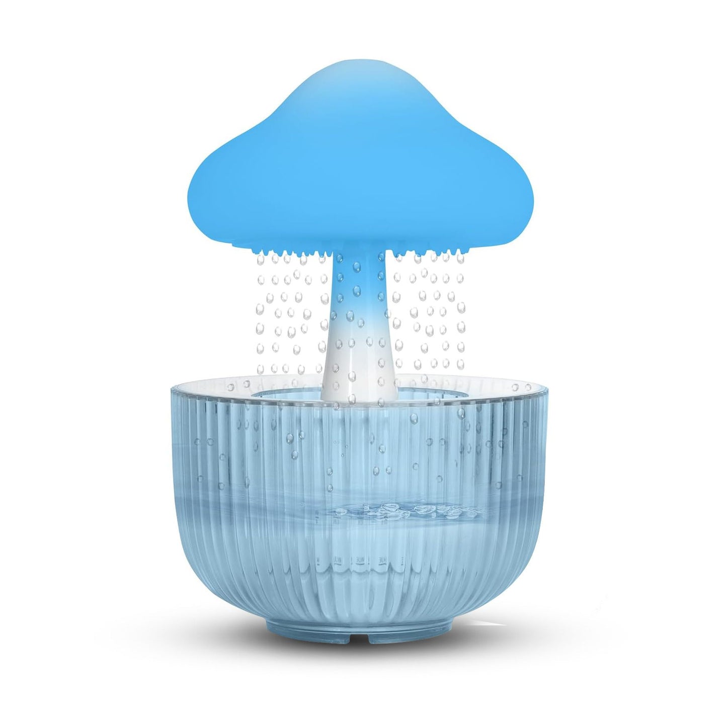 Blue mushroom-shaped shower head with a ribbed base on a white background