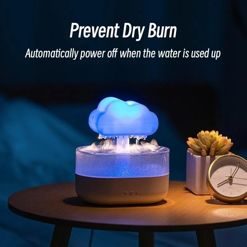 Humidifier with cloud design on a table, featuring text about preventing dry burn.