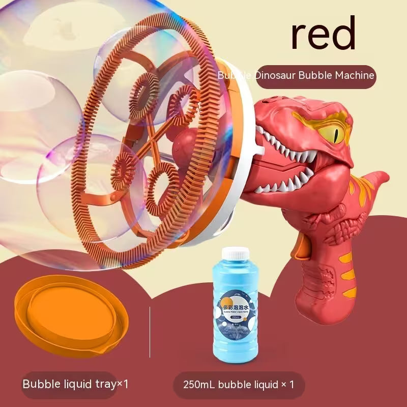 Red dinosaur bubble machine with bubble liquid tray and bottle on a colorful background