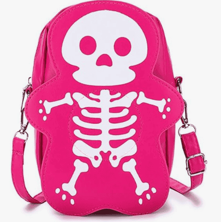Pink bag with white skeleton design on a white background