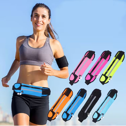 Woman running outdoors with colorful waist bags displayed below.