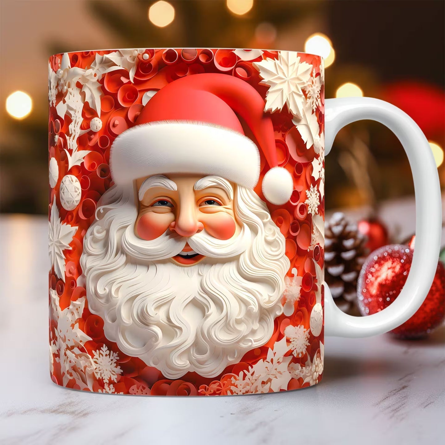 Mug with Santa Claus design on a blurred festive background