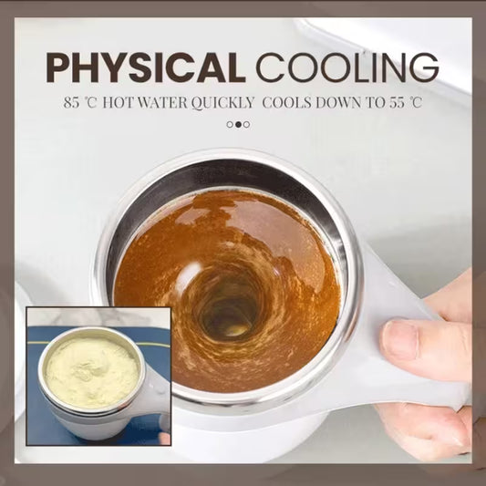 Mug with hot liquid being cooled, showing text about physical cooling.