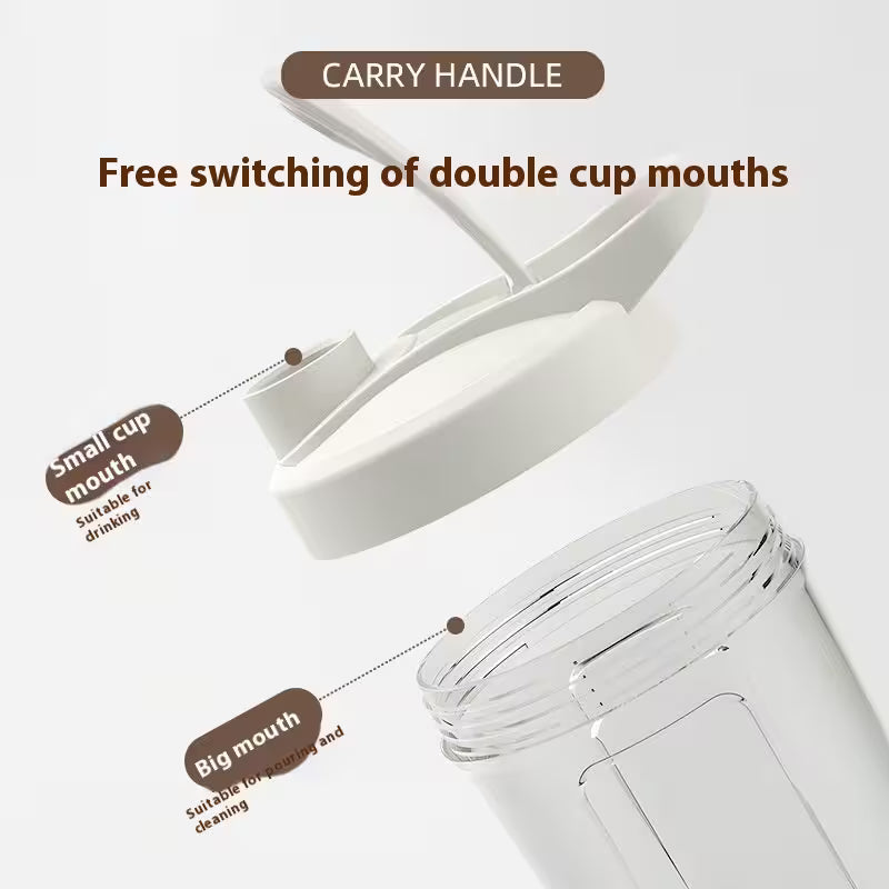 White cup with carry handle and interchangeable mouthpieces on a light gray background