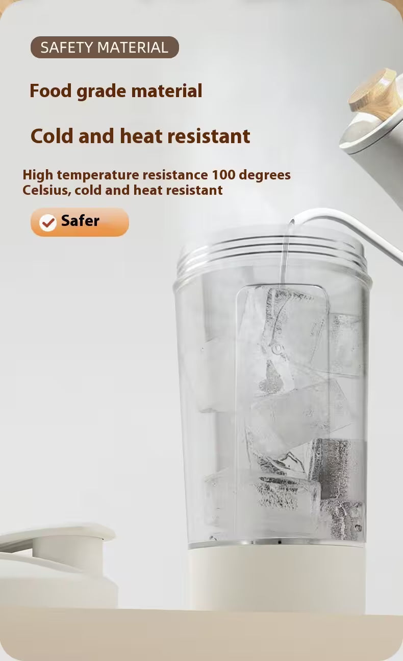 Blender with a clear container filled with ice, text about safety material properties, and a checkmark icon.