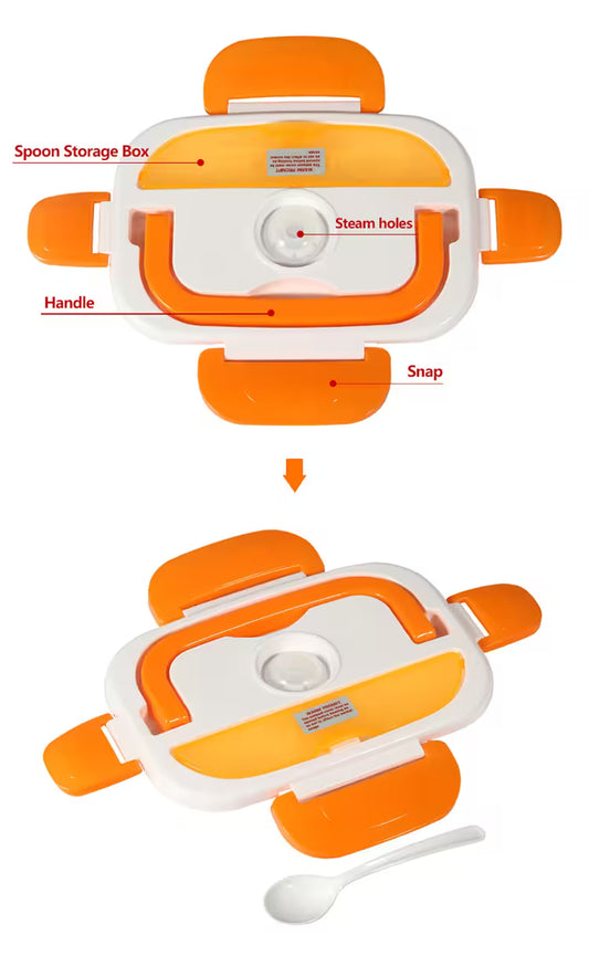 Electric lunch box anatomy diagram showing spoon storage box steam holes handle and snap clips — orange cordless portable food heater with stainless steel container and included spoon
