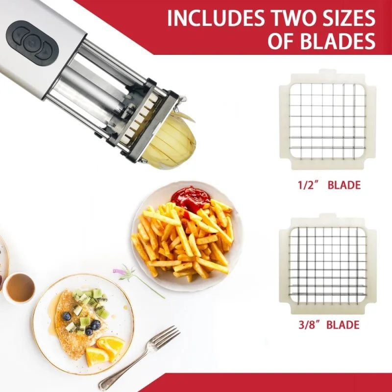 Vegetable peeler with two blade sizes displayed, one for making fries and the other for grating.