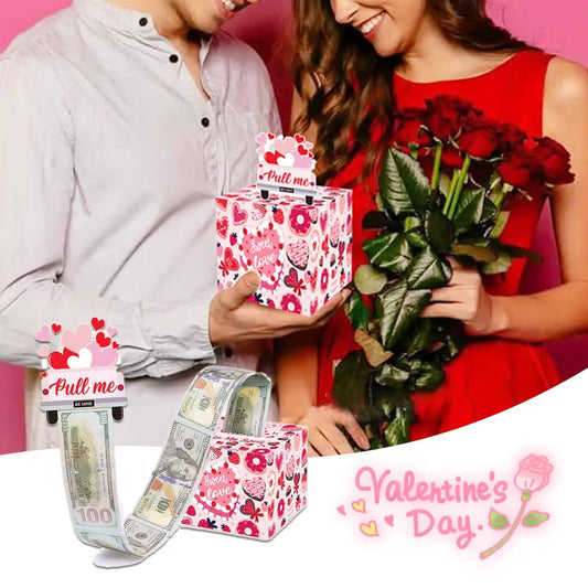 Couple with a gift box and money, Valentine's Day theme.