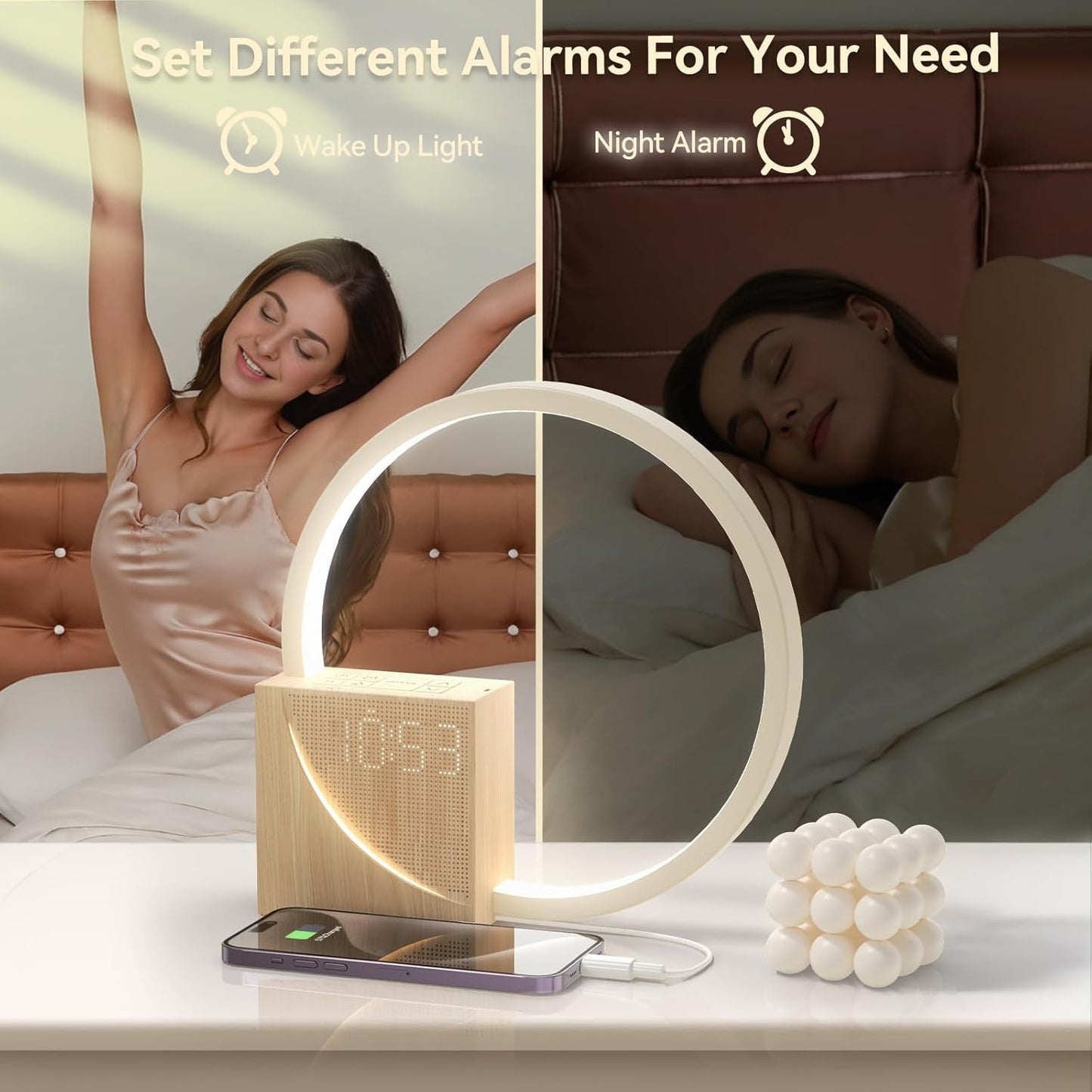 Woman waking up with a wake-up light and sleeping with a night alarm, featuring a lamp and phone on a nightstand.