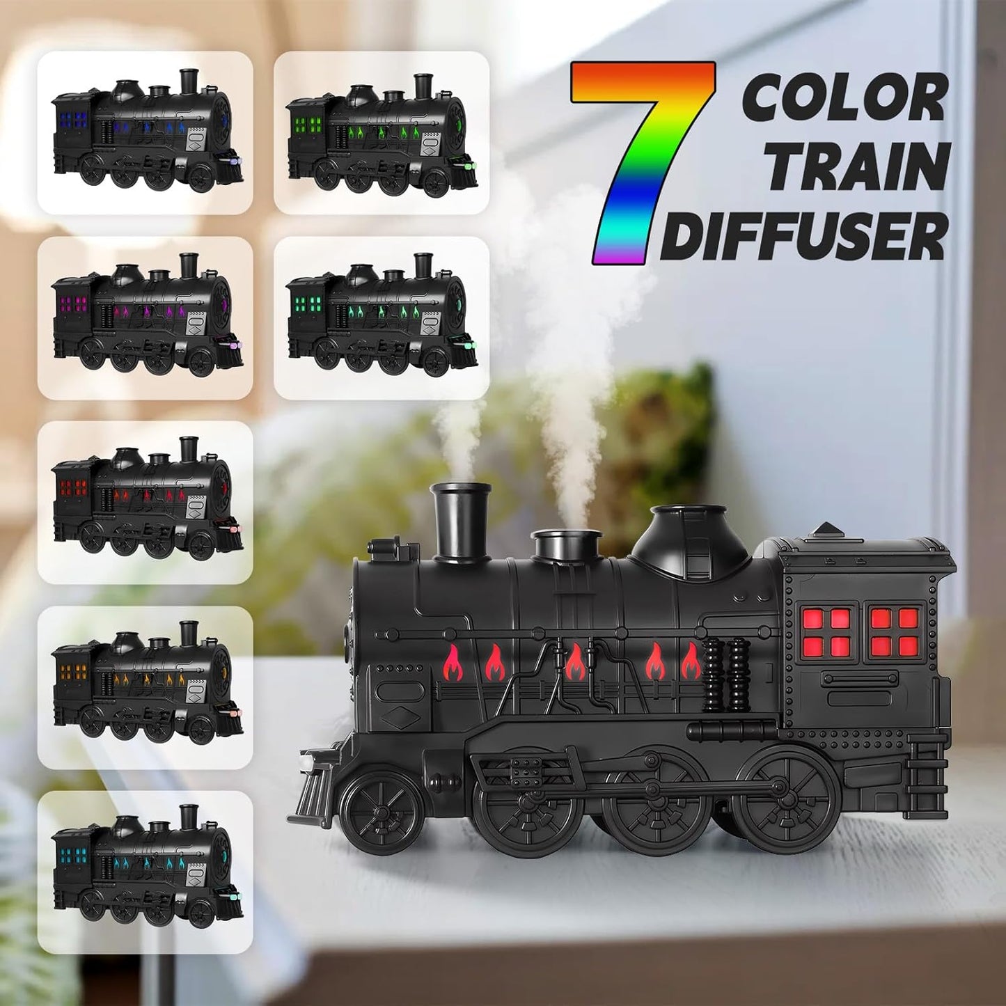 Black train diffuser with colorful LED lights on a white surface, surrounded by smaller images of the diffuser in different color combinations.