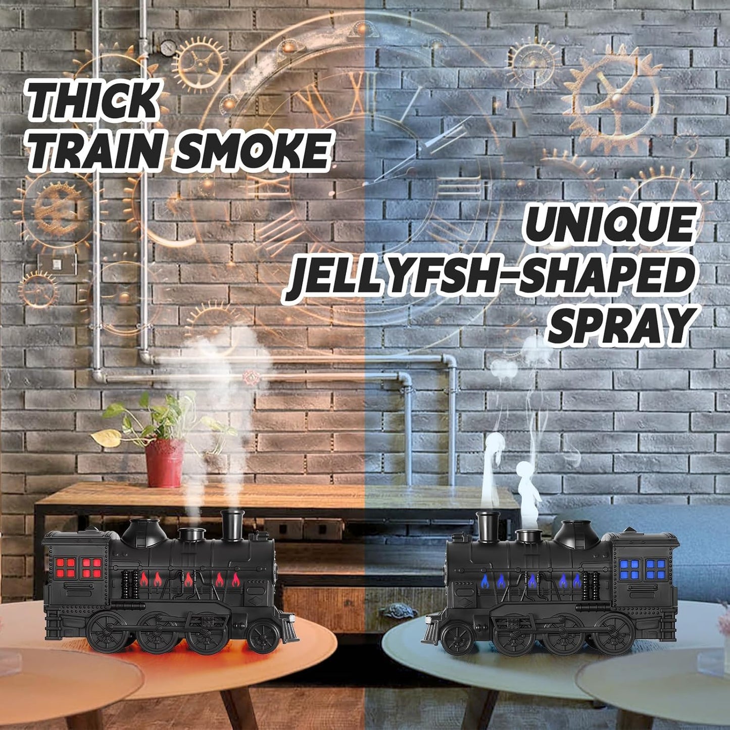 Two train-shaped sprays with thick train smoke and jellyfish-shaped spray on a decorative background.