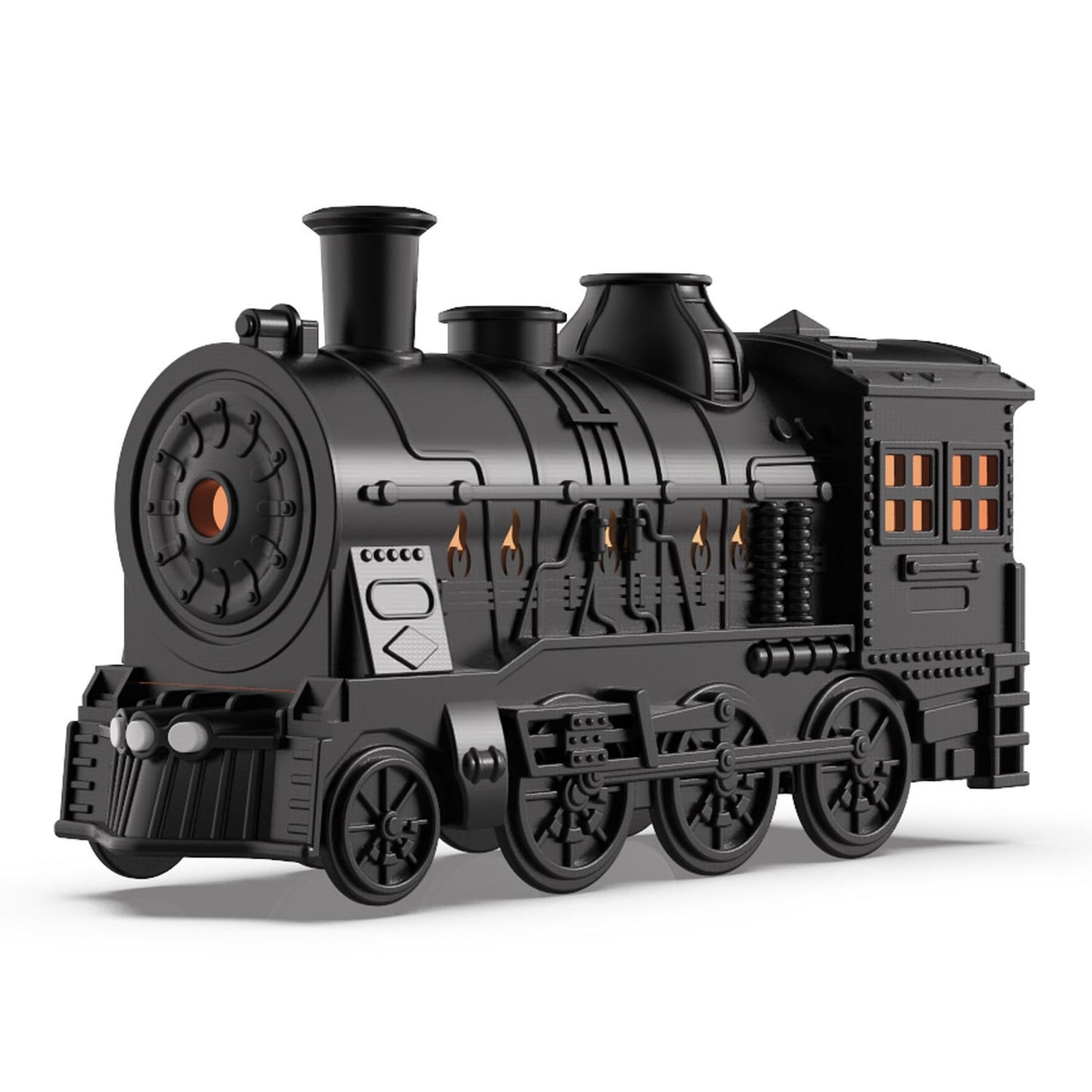 Black toy train engine on a white background
