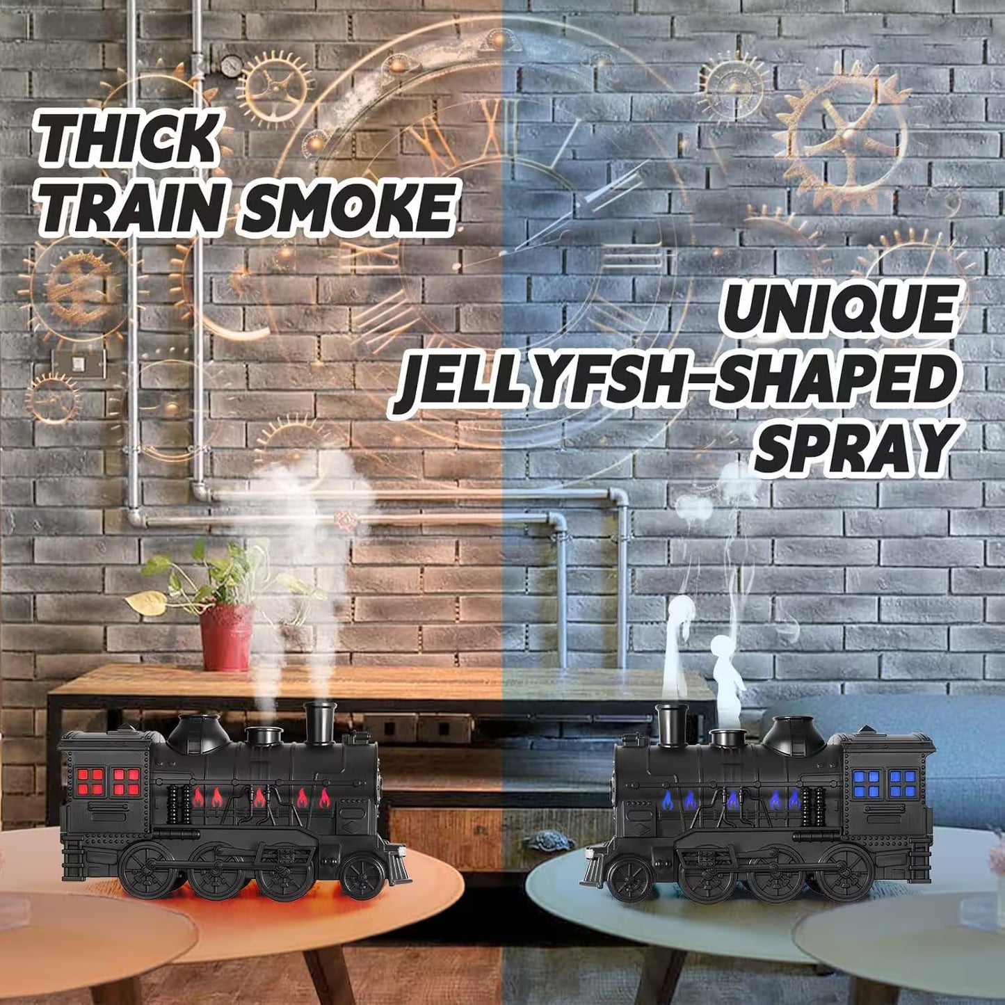 Two train-shaped sprays with thick train smoke and unique jellyfish-shaped spray on a decorative wall background.