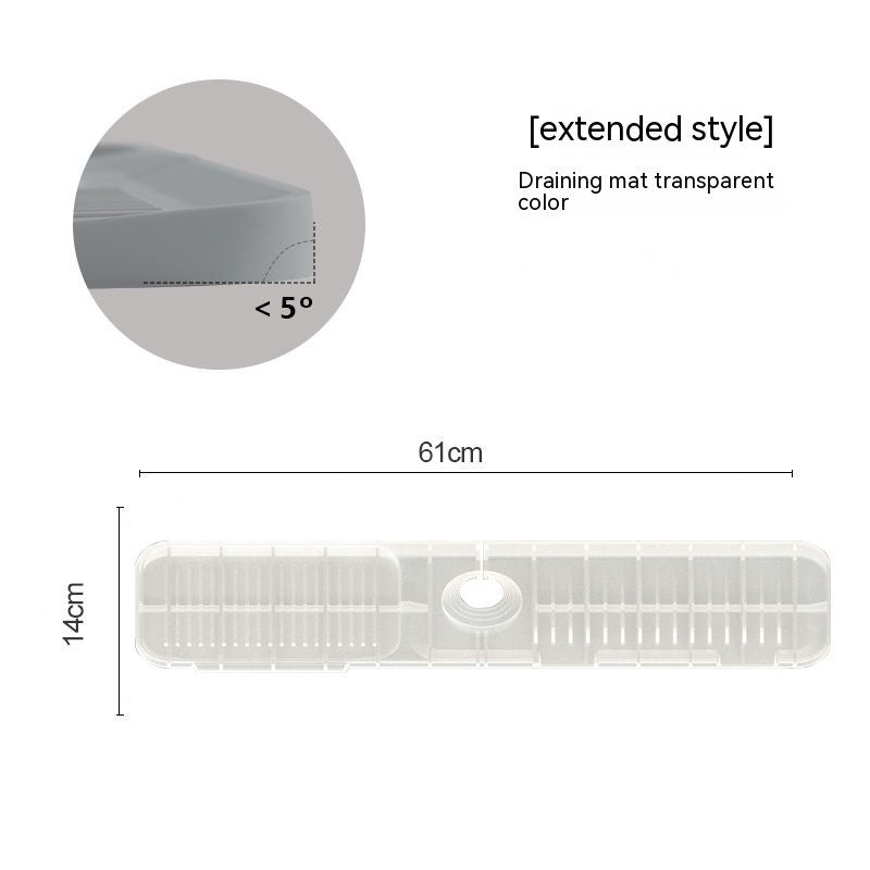 Transparent draining mat with dimensions and angle measurement on a white background