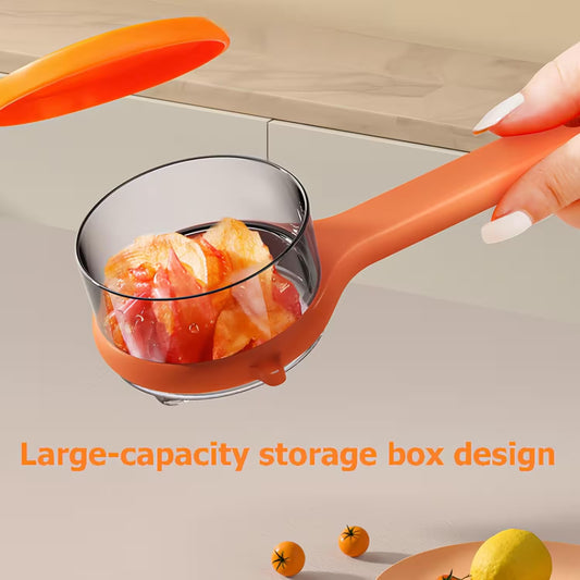 Orange kitchen tool with a clear container holding fruit, on a neutral background.