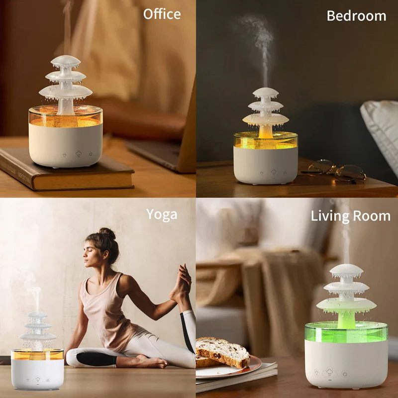 Diffuser in different settings labeled 'Office', 'Bedroom', 'Yoga', and 'Living Room'.