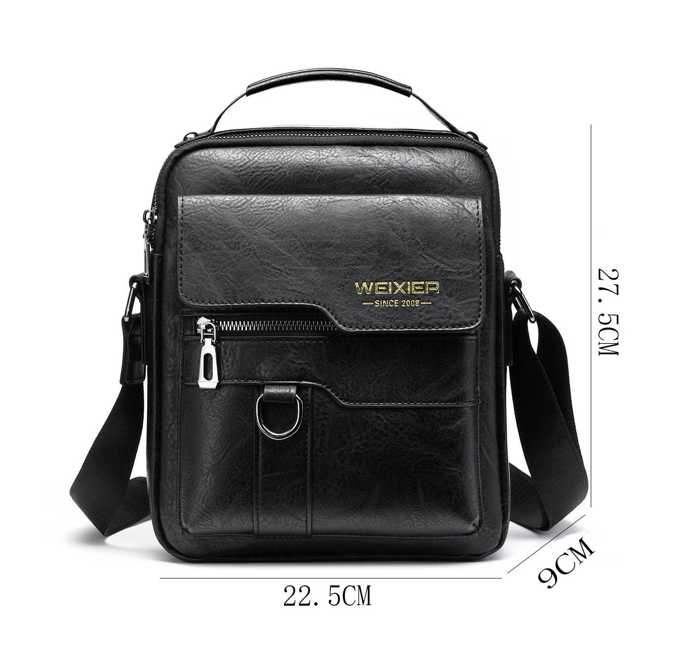 Black leather crossbody bag with measurements on a white background