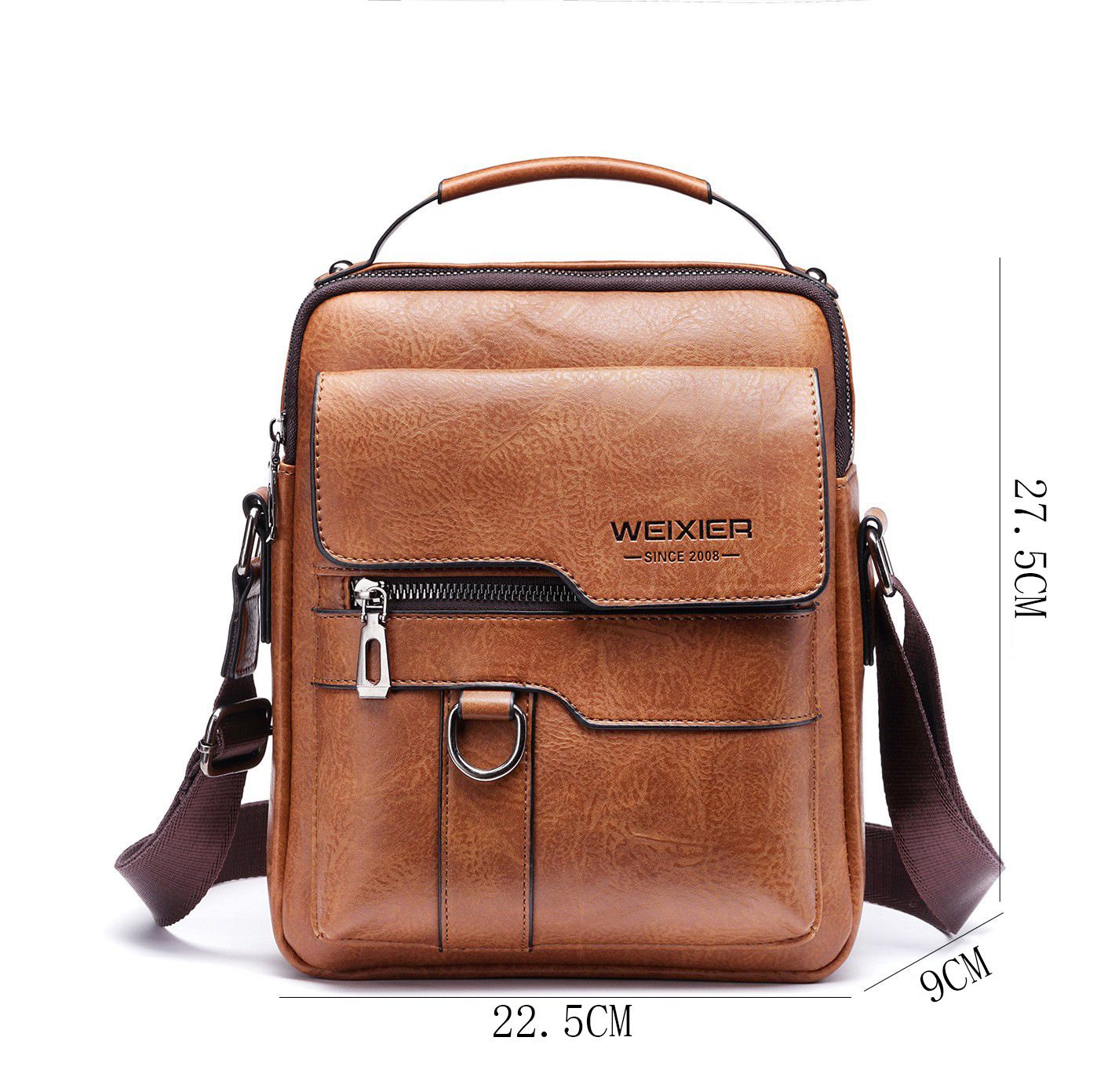 Brown leather crossbody bag with visible brand name on a white background