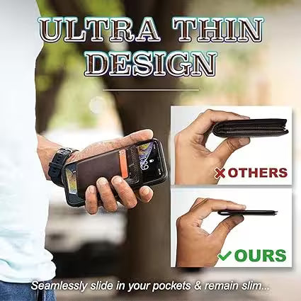 Person holding a thin wallet with text highlighting its ultra-thin design.