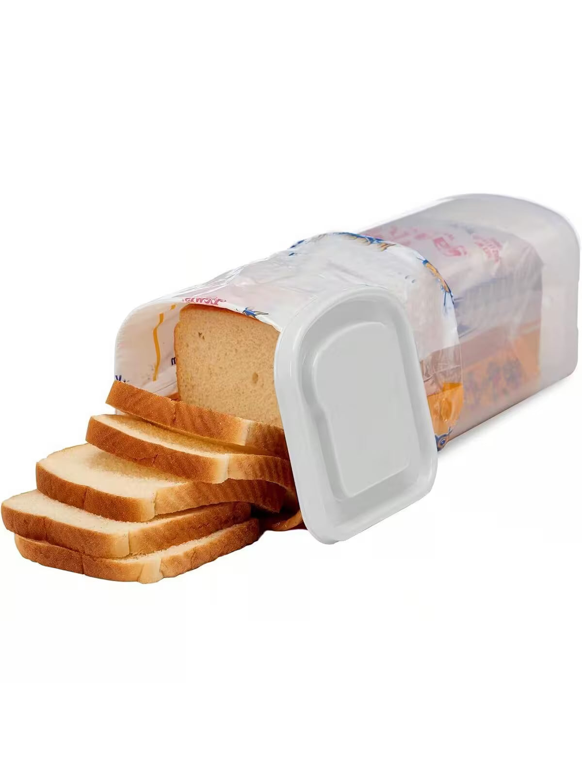 Loaf of bread with slices cut and a plastic container on a white background