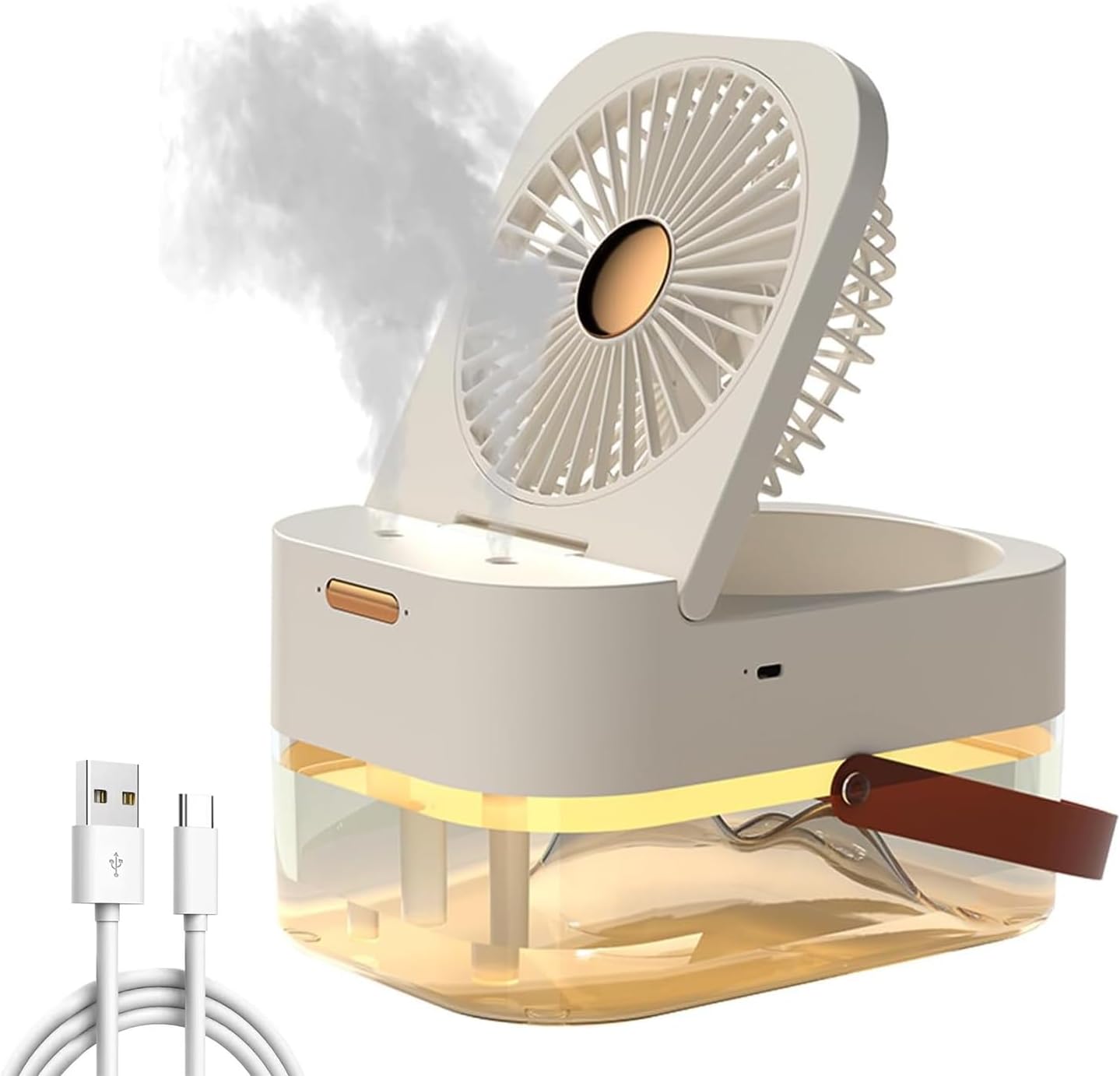 Portable humidifier with fan and USB cable on a white background