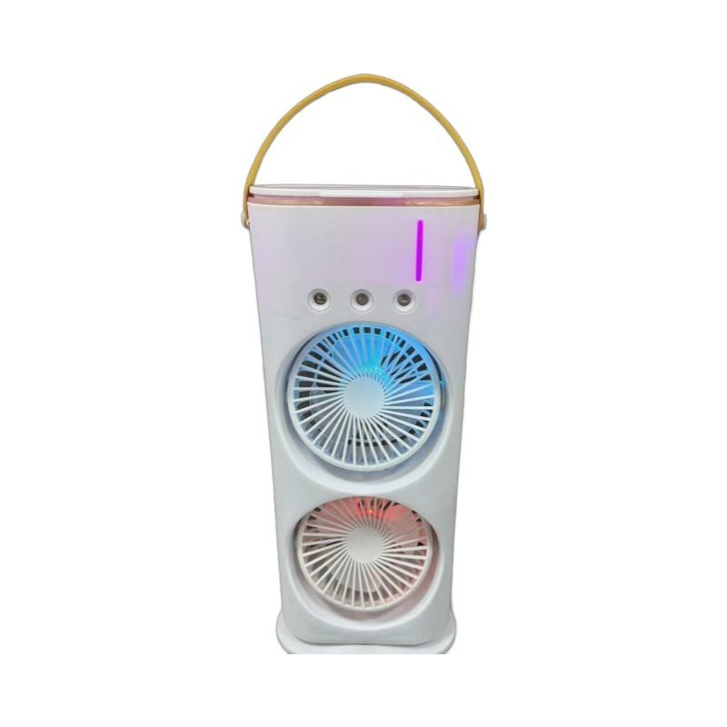 Portable fan with colorful LED lights on a white background