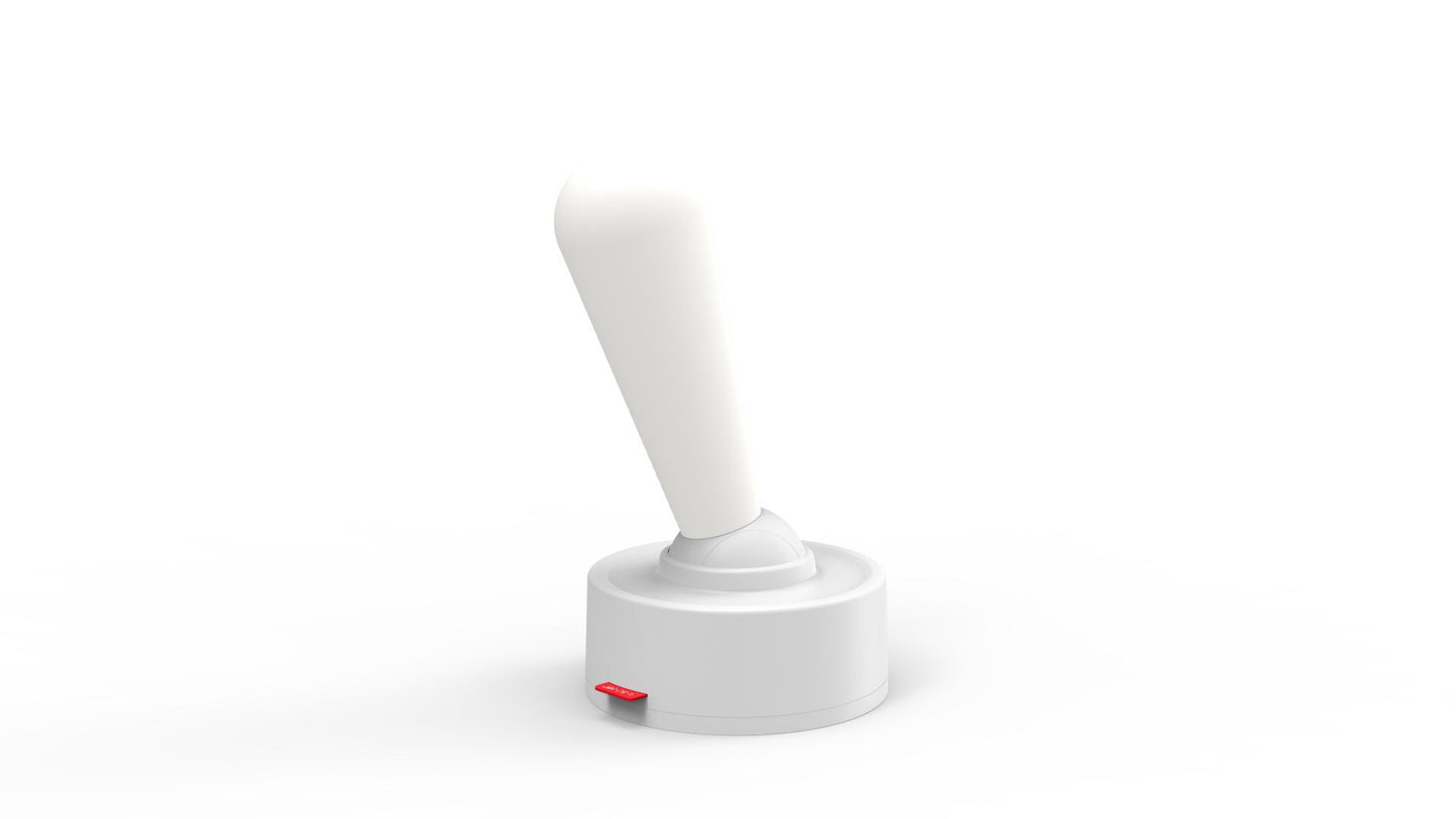 White cylindrical object with a red label on a white background