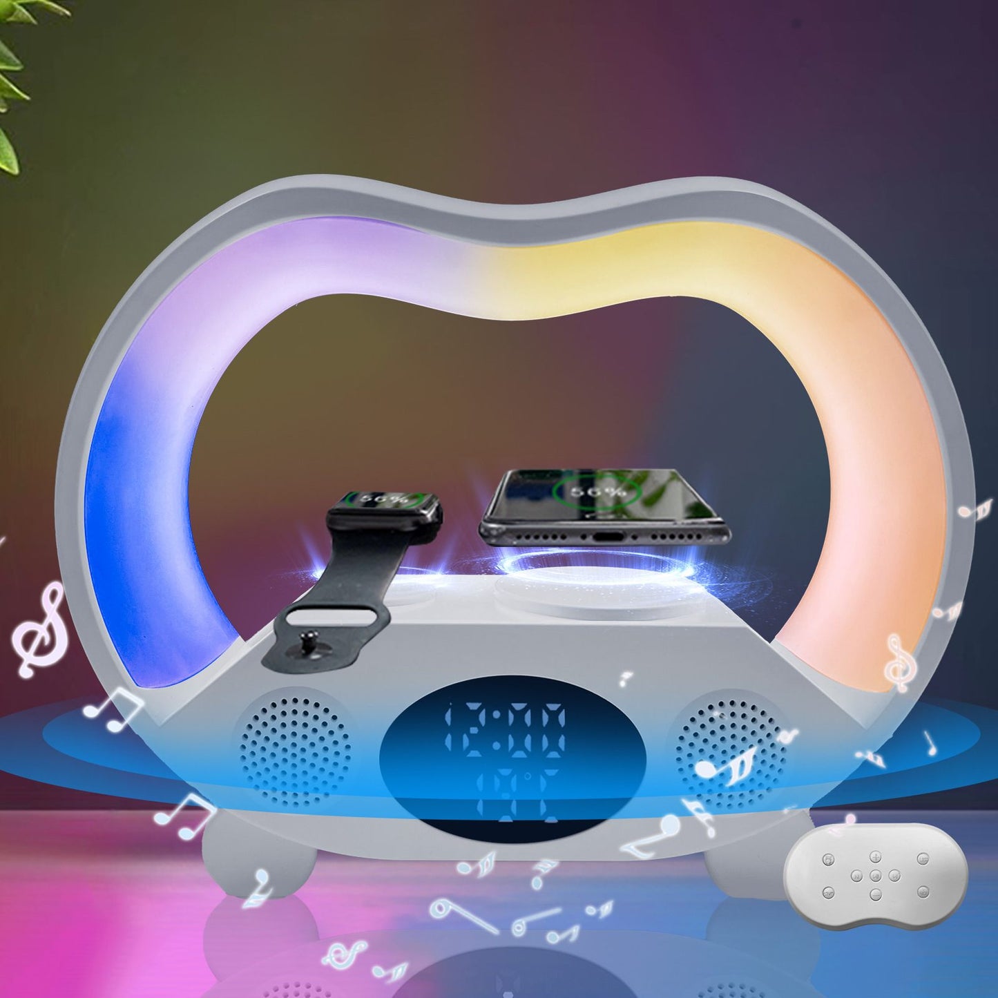Multifunctional device with LED lights, smartphone, smartwatch, and remote control on a colorful background.