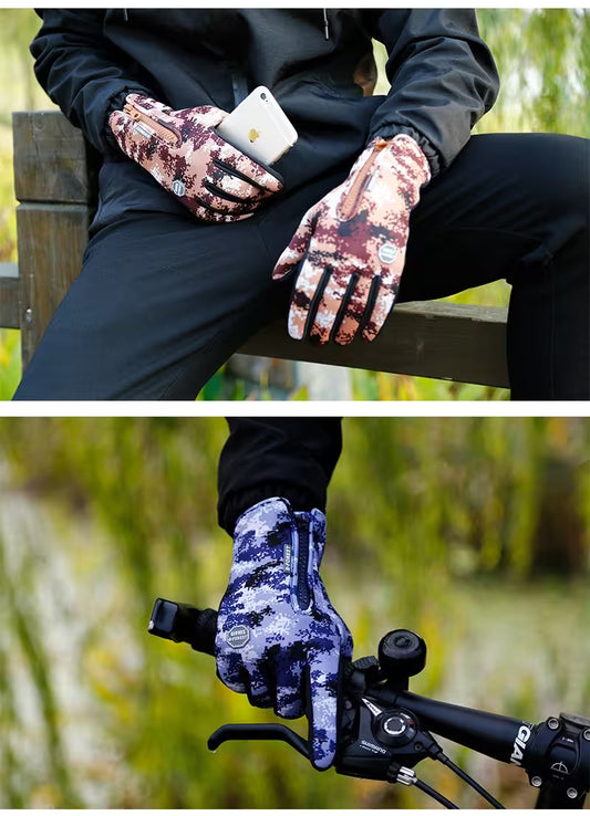 Person wearing camouflage gloves sitting on a bench and another person wearing blue gloves on a bike.